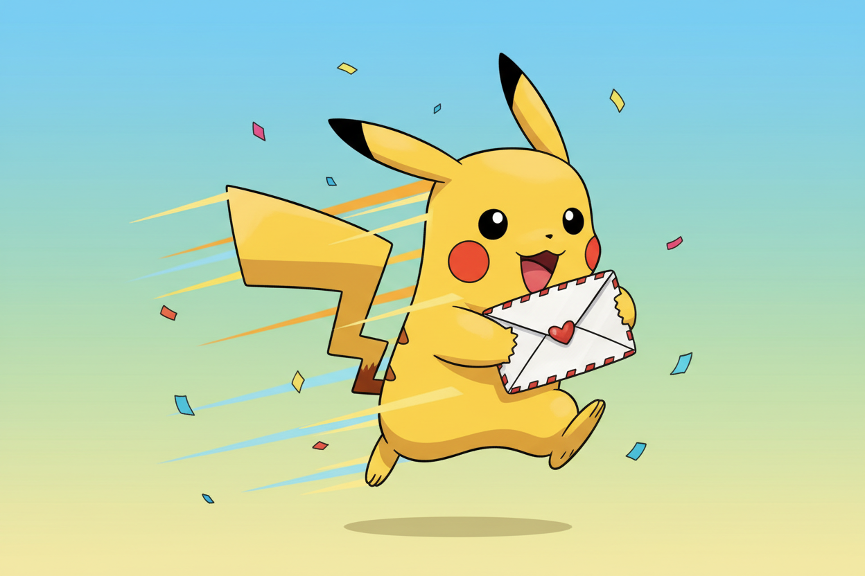 Lage et bilde med pokemon tema om nyhetsbrev en pikachu som springer med et brev eller noe